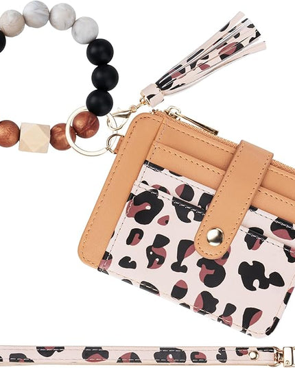 Keychain Wallet with Bracelet RFID Blocking Wristlet Credit Purse Card Holder, Silicone Bead Tassel Key Ring for Women