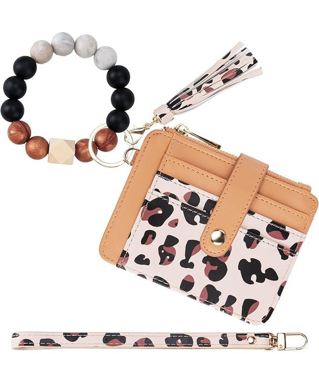 Keychain Wallet with Bracelet RFID Blocking Wristlet Credit Purse Card Holder, Silicone Bead Tassel Key Ring for Women