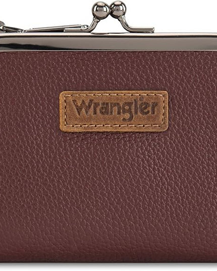 Montana West Wrangler Women's Wallet RFID Blocking Wallets Small Bifold Credit Card Holder with Kiss Clasp Burgundy Red