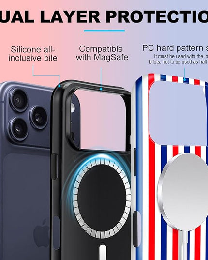 Magnetic for iPhone 17 Pro Case Cute Stripes Phone Case, Shockproof Slim TPU and Hard PC Protective Phone Cover Compatible with MagSafe Designed for Women Girls, Red and Blue
