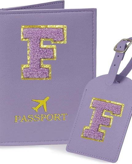 COSHAYSOO Initial Passport Cover Luggage Tag Set Letter Passport Holder Airplane Cruise Travel Essentials Vacation Traveling Accessories Personalized Gifts for Women Teen College Girls Purple F