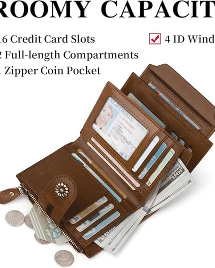 Blucoay Wallet Women,RFID Blocking Leather Womens Wallet Bifold Compact Card Holder Small Wallet for Women with Removable ID Window Darkbrown