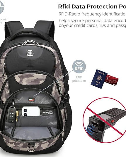 Swissdigital Design Laptop Backpack with USB Charging Port, Travel Backpack Fits 15.6 inches Computer, 31L College School Backpack for Men, Khaki Camo | SD803-94