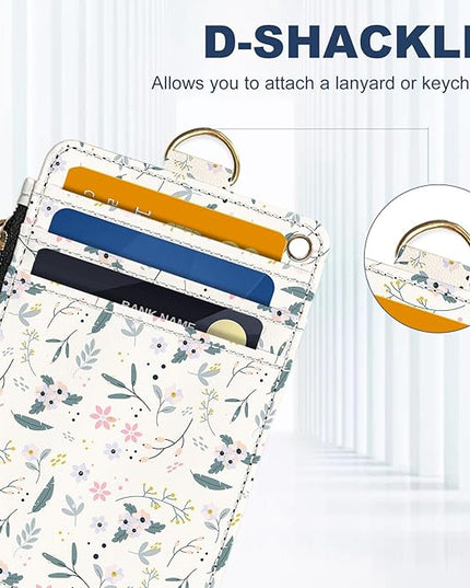 Slim Wallet Credit Card Holder, Green and pink floral print X, RFID Wallet Women Cute Small Front Pocket Wallet With Zipper, PU Leather Thin travel RFID Blocking Card Case ID Window ,Ladies Gifts