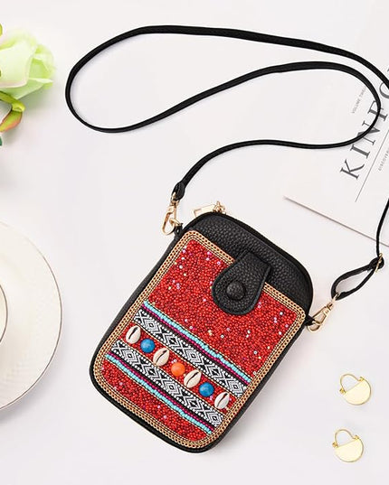 Women's Small Crossbody Cell Phone Bag, Boho Colorful Beaded Purse Wallet with Handmade Cute Patterns