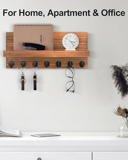 Lwenki Key Holder Wall Mount, Entryway Key and Mail Holder with 7 Sturdy Hooks for Sunglasses, Dog Leash, Decorative Wall Shelf with Mounting Hardware, 15”W x 6.7”H x 4.2”D