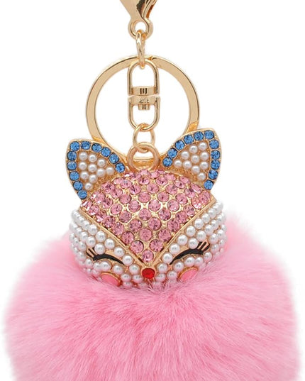Faux Rabbit Fur Ball Pom Pom Keychain with Fox Head Studded with pearl Rhinestone for Womens Bag Car Key Decoration