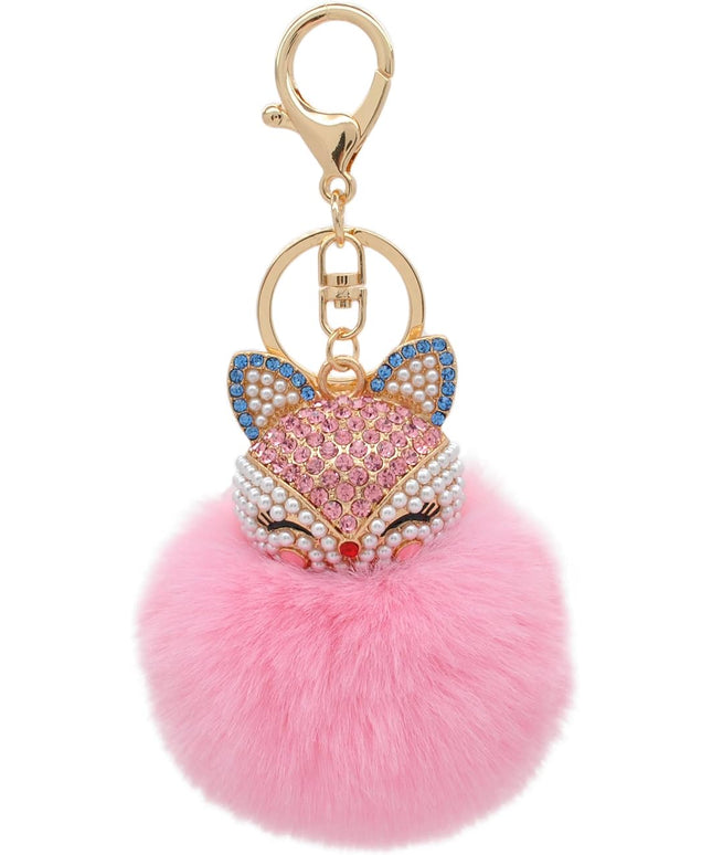 Faux Rabbit Fur Ball Pom Pom Keychain with Fox Head Studded with pearl Rhinestone for Womens Bag Car Key Decoration