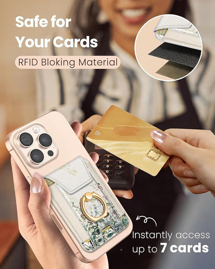 Shorogyt Compatible with Magsafe Wallet with Grip Magnetic Card Holder - Cute Phone Wallets with Ring Stand for iPhone 17/16/15/14/13/12 Series for Women Girls Ink Bouquet Design, Fit 7 Cards