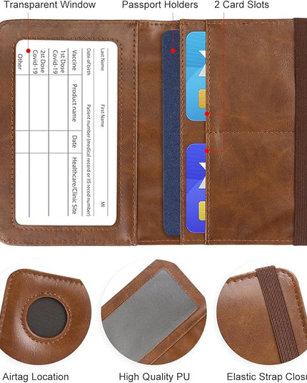 Passport Holder with AirTag – RFID Blocking Travel Document Wallet, Leather Passport Cover with AirTag Slot, Keeps Passport Safe & Trackable (Brown)