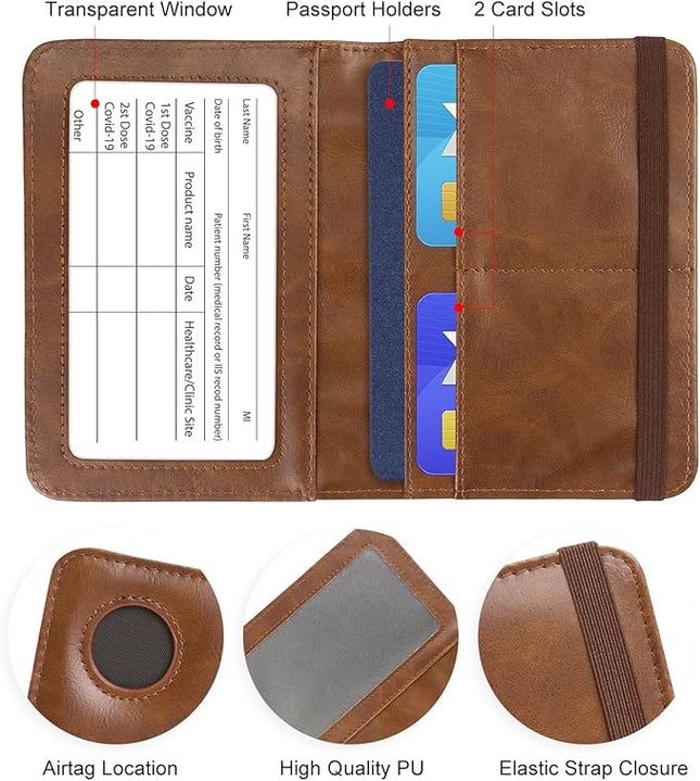 Passport Holder with AirTag – RFID Blocking Travel Document Wallet, Leather Passport Cover with AirTag Slot, Keeps Passport Safe & Trackable (Brown)