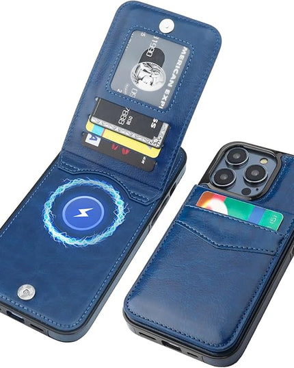 KIHUWEY for iPhone 13 Pro Max Case Wallet Compatible with MagSafe Wireless Charging, Credit Card Holder, RFID Flip Leather Magnetic Clasp Kickstand Heavy Duty Protective Cover 6.7 Inch (Blue)