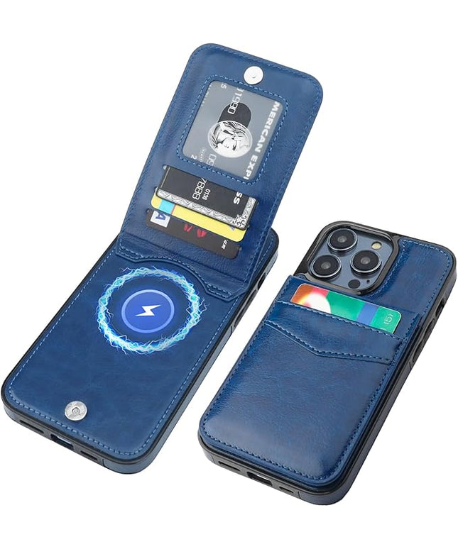 KIHUWEY for iPhone 13 Pro Max Case Wallet Compatible with MagSafe Wireless Charging, Credit Card Holder, RFID Flip Leather Magnetic Clasp Kickstand Heavy Duty Protective Cover 6.7 Inch (Blue)