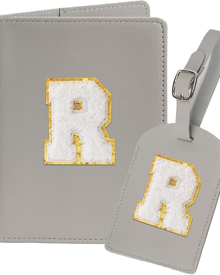 Initial Passport Cover Holder and Luggage tag Set,PU Leather Passport Case Travel Suitcase Tag with Letter Patch, Personalized Travel Luggage Accessories Gifts for Women Grils Teenage Grey R
