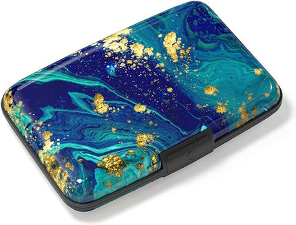 Atufsuat Credit Card Holder, Mini Aluminum Card Wallet RFID Blocking Slim Metal Hard Card Case for Women Men, Blue Green Marbling