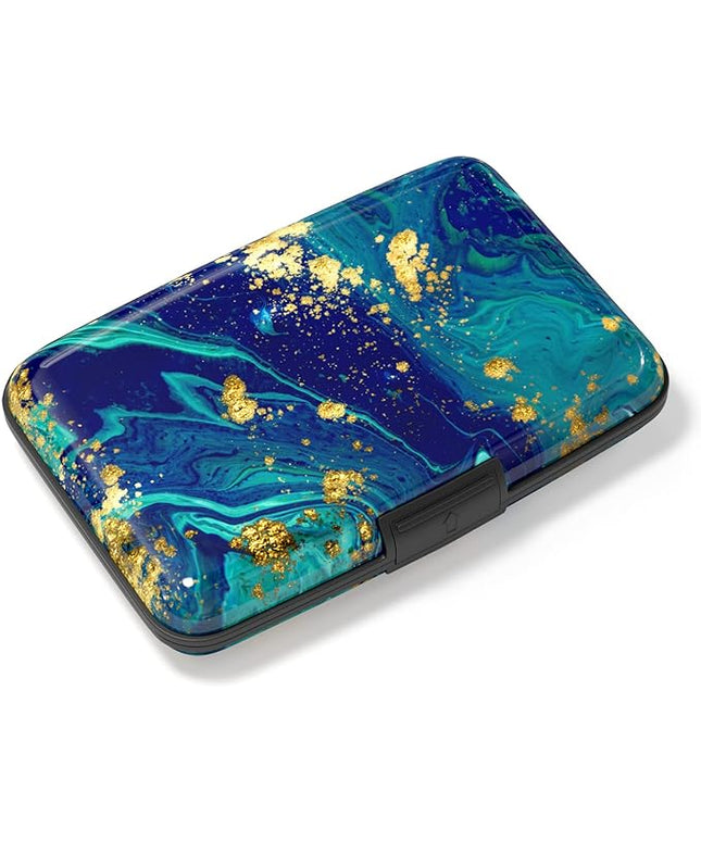 Atufsuat Credit Card Holder, Mini Aluminum Card Wallet RFID Blocking Slim Metal Hard Card Case for Women Men, Blue Green Marbling
