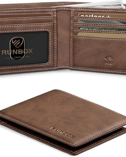 RUNBOX Wallet for Men Slim Leather Bifold RFID Blocking Minimalist Front Pocket Design with Gift Box