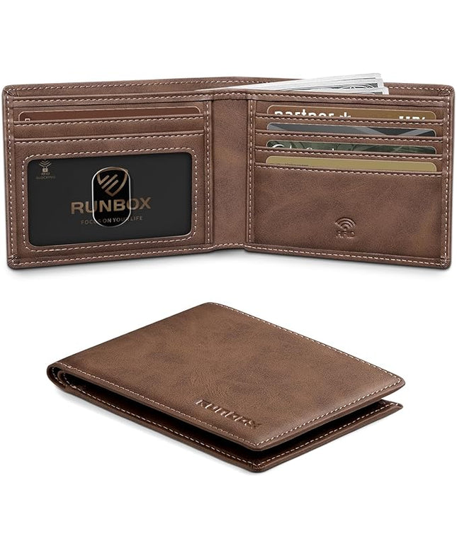 RUNBOX Wallet for Men Slim Leather Bifold RFID Blocking Minimalist Front Pocket Design with Gift Box