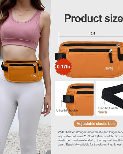 RFID Blocking Money Belt for Men Women, Slim Fanny Pack for Travel，Running,Conceal Waist Wallet for Passport Holder,Phone,Cash(Brown Orange)