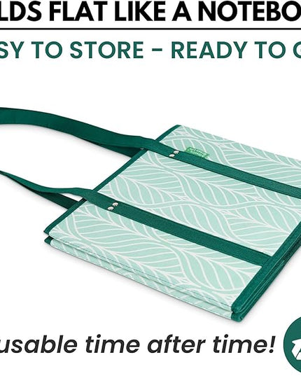 Reusable Grocery Bags (3 Pack) – Heavy Duty Reusable Shopping Bags for Groceries with Box Shape to Stand Up, Stay Open, Fold Flat – Large Tote-Bag is Foldable with Long Handles & Hard Bottom (Green)