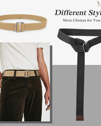 JASGOOD Men Canvas Fabric Belts Casual Web Cloth Belts with Black Double Ring Buckle 2 Pack