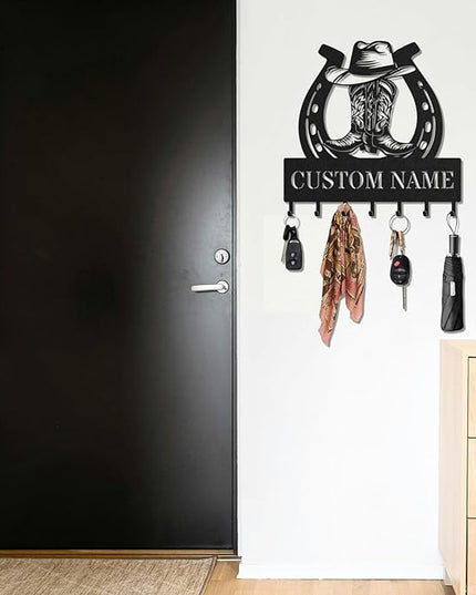 LOWACOS Personalized Key Holder for Wall, Custom Metal Cowboy Key Hooks with Name, Meta Jacket Holder Hooks Organizer Rack, Jacket Hanger Decor for Kitchen, Entryway, Hallway, Office, Doorway