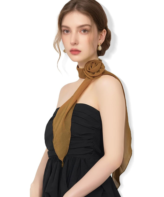 Chiffon Scarf for Women, Removable Flower Neck Scarf Light Soft Fashion Rose Scarves Versatile Headband or Hair Band