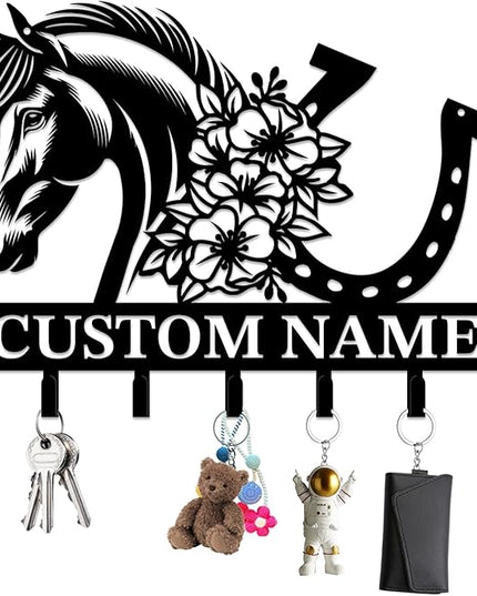Personalized Custom Name Farm Horse Wall Key Hooks,Metal Horse Art Clothes Hooks,Metal Horse Wall Home Storage Decorative,For Front Door, Hallway, Kitchen, Bedroom,Keys,Hats (Style H)