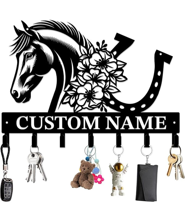 Personalized Custom Name Farm Horse Wall Key Hooks,Metal Horse Art Clothes Hooks,Metal Horse Wall Home Storage Decorative,For Front Door, Hallway, Kitchen, Bedroom,Keys,Hats (Style H)