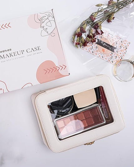 Aveniee Clear Makeup Bag Organizer Set,Portable Travel Toiletry Case for Women, Vegan Leather Cosmetic Pouch Car Bag for Essentials 2pcs,Middle & Large,Beige