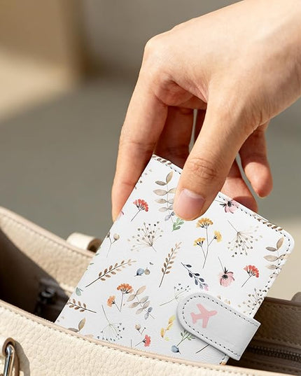 Passport Holder, Travel Wallet Cover with Pen Loop | Cute RFID Blocking Leather Case with Magnetic Closure for Travel Essentials-Flower