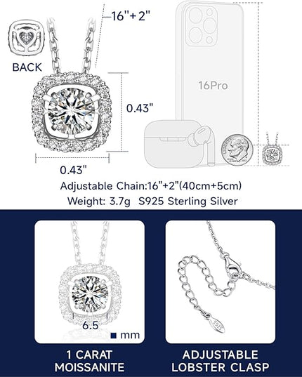 MomentWish Floating Necklace for Women, 0.5/1 Carat Dancing Moissanite Necklace for Her 925 Sterling Silver Pendant Anniversary Birthday Christmas Gift for Wife Mom Girlfriend