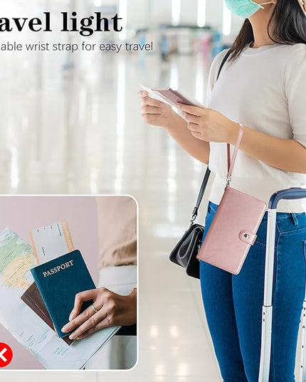 Passport Holder for Travel Essentials, RFID Blocking PU Leather Wallet Cover with Wristlet Strap Magnetic Closure Passport Book Holders Case for Women and Men, Rose Gold