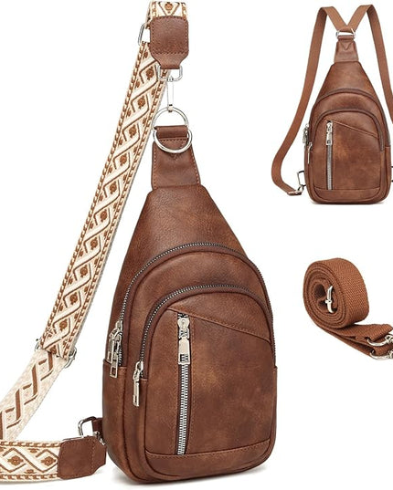 Sling Bag Crossbody Backpack - 2 in 1 Leather Cross Body Bag Fanny Pack with 2 Removable Straps