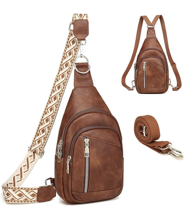 Sling Bag Crossbody Backpack - 2 in 1 Leather Cross Body Bag Fanny Pack with 2 Removable Straps
