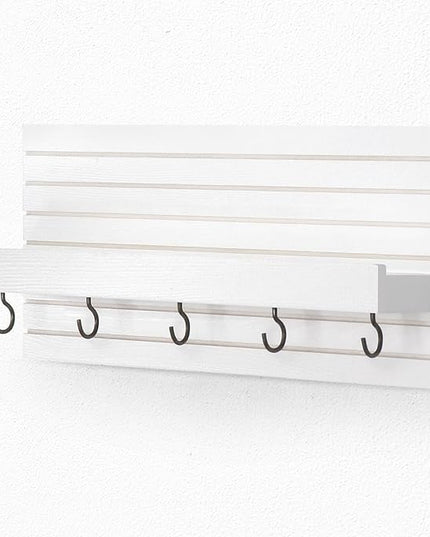 Lwenki Decorative Key Holder for Wall with Shelf, Entryway Shelf with Hooks Holds Leashes, Jackets and Glasses – Sturdy Wood Keyholder Entrance Hanger with Mounting Hardware (White, Medium)
