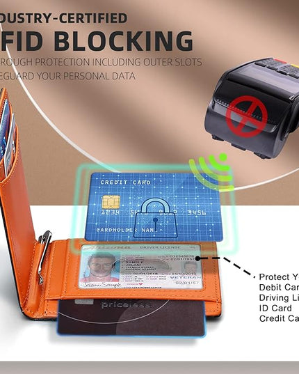 RUNBOX Slim Wallets for Men with RFID Blocking & Minimalist Mens Front Pocket Wallet Leather Black&inner Orange