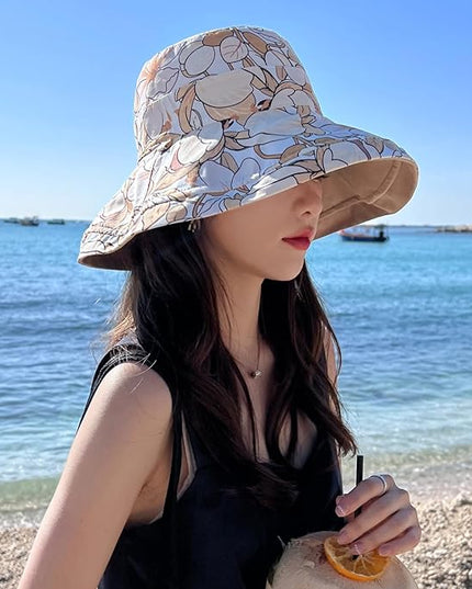 HUAMULAN Women Summer Sun Hat Wide Brim Wired Edge Floral Beach Bucket Hats Reversible Foldable Travel UV Protection Lady Hat