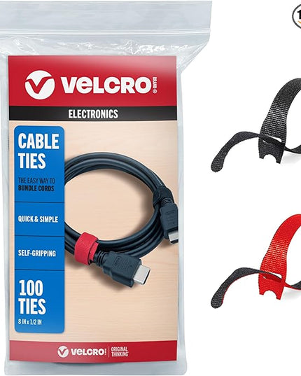 VELCRO Brand Cable Ties, 100Pk - 8 x 1/2" Red and Black, Reusable Alternative to Zip Ties, ONE-WRAP Thin Pre-Cut Cord Organization Straps, Wire Management for Office or Home, VEL-30200-AMS, Black/Red