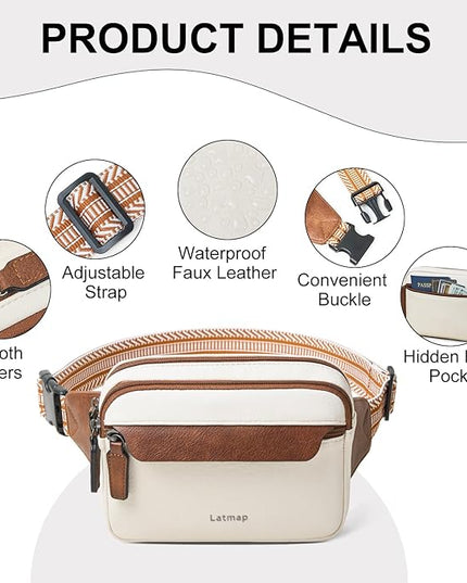 LATMAP 3L Fanny Packs for Women Cross Body Bag Vegan Leather Chest Belt Bag Fashion Waist Pack Small Bum Bag Crossbody for Travel Running Workout, Beige with Brown