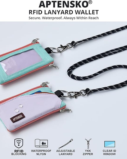 RFID Travel Wallet with Adjustable Lanyard-Zipper Small Wallet with ID Card Holder, Keychain for women&men-Minimalist Slim Waterproof Nylon case for ID, Cash, Key (SoftLilac+MintAqua)