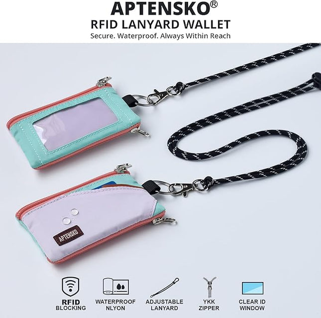 RFID Travel Wallet with Adjustable Lanyard-Zipper Small Wallet with ID Card Holder, Keychain for women&men-Minimalist Slim Waterproof Nylon case for ID, Cash, Key (SoftLilac+MintAqua)