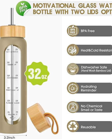 32 oz Glass Water Bottle with Straw - Motivational Time Marker & Silicone Sleeve - Reusable Tumbler Includes 2 Bamboo Lids & Fruit Infuser - 1 Pack