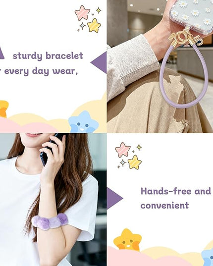2 Pcs Phone Charm Wrist Strap with Tether Tab, Double Anti Lost Fluff Ball Beaded Wrist Lanyard, Detachable Leather Phone Charms for Bag, Key Chains, Camera Decor