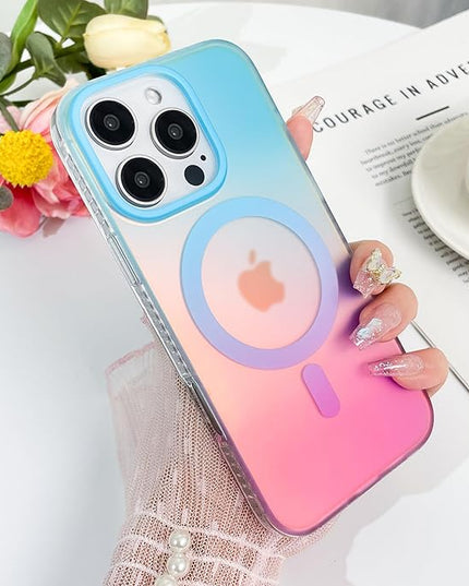 Aesthetic Case for iPhone 16 Pro 6.3 inch 2024 [Compatible with Magsafe] Cute Girly Glitter Shiny Rainbow Magnetic Protective Phone Cover for Women Girls, Matte Iridescent Blue & Pink