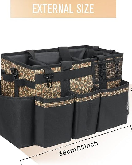 Wearable Cleaning Caddy, Cleaning Caddy Supplies Organizer with Handle & Shoulder Straps for Housekeepers, Under Sink & Car Cleaning Tool Organizers Bag with 4 Foldable Divider (Leopard)