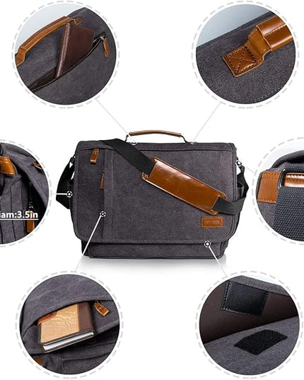 ESTARER Computer Messenger bag Water-resistant Canvas Shoulder Bag 15.6 Inch Laptop for Travel Work, Grey