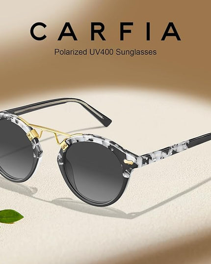 CARFIA Small Face Acetate Polarized Sunglasses for Women UV Protection, Retro Double Bridge Eyewears Metal Brow Round Sunnies