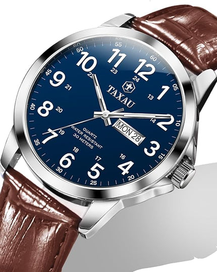 Men's Watches Leather Band Stainless Steel Quartz Analog Watch Luxury Waterproof Watches for Men Dress Men's Wrist Watch with Day Date Arabic Numeral Relojes para Hombre