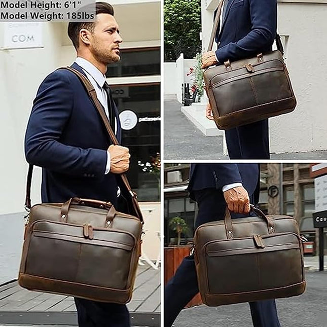 Masa Kawa Leather Briefcase for Men 17/15.6" Laptop Crossbody Shoulder Messenger Bag Business Travel Work Attache Case